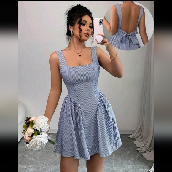 Valentine's Day New Casual Chic Dresses For Women, Generous Collar Striped Backl - Picture 4 of 4